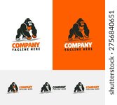An aggressive and energetic logo featuring a gorilla or ape mascot in a powerful forward-leaning action pose, with bold stance and detailed muscular form rendered in black and orange. Presented in five variations including white background, orange background, and three smaller dark variants. The fierce mascot design communicates power, aggression, and competitive energy. Ideal for sports teams, MMA brands, gyms, gaming studios, streetwear labels, and bold lifestyle companies.