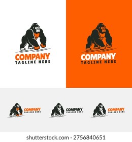 An aggressive and energetic logo featuring a gorilla or ape mascot in a powerful forward-leaning action pose, with bold stance and detailed muscular form rendered in black and orange. Presented in five variations including white background, orange background, and three smaller dark variants. The fierce mascot design communicates power, aggression, and competitive energy. Ideal for sports teams, MMA brands, gyms, gaming studios, streetwear labels, and bold lifestyle companies.