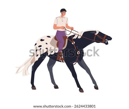 Aggressive equine behavior. Bad disobedient naughty horse out of control, in stress, attacking. Rider holding reins of uncontrolled stallion. Flat vector illustration isolated on white background