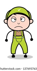 Aggressive Expression - Retro Repairman Cartoon Worker Vector Illustration