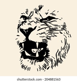 The aggressive face of lion, isolated on grunge background. King of beasts, the biggest cat, shows his huge fangs. The most dangerous predator with open chaps. Amazing monochrome vector image.