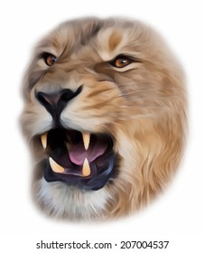 The aggressive face of lion, isolated on white. King of beasts, the biggest cat, shows huge fangs. Vector image in oil painting style with big strokes. Great for user pic, icon, label or tattoo.