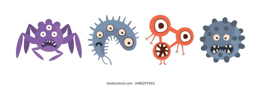 Aggressive Fantastic Alien Microorganism with Tentacles Vector Set