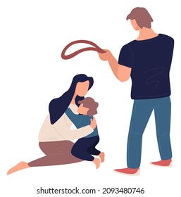 Aggressive father beating small child and wife, mother protecting kid by hugging. Violence and dysfunctional family problems, despair and fear of woman and son. Quarrel and fight. Vector in flat style