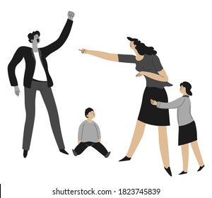Aggressive father shouting on mother before kids, isolated parents having fight. Man and woman with children at home, domestic violence and conflicts. Home issues of adults vector in flat style