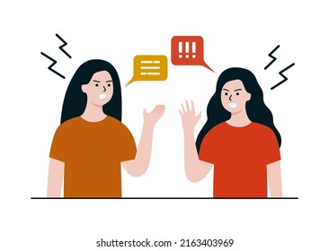 Aggressive Female Girlfriend Having Conflict. Women Colleague Have Disagreement Over Work. Friendship Crisis, Couple Breakup, Misunderstanding, Relationship Problem Concept. Flat Vector Illustration.