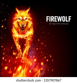 Aggressive Fire Woolf in Sparks. Concept Image of a Red Wolf and Flame on a Black Background