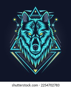 Aggressive Fire Woolf in Sparks  Concept Image Blue Wolf and ornament background 
