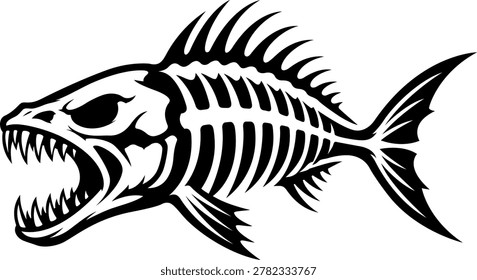 Aggressive fish skeleton vector illustration featuring a fierce predator marine skull design in bold black and white style. Perfect for fishing graphics, tattoo artwork, sports branding, marine apparel, stickers, outdoor adventure projects, and commercial aquatic-themed designs.

This detailed vector artwork is ideal for fishing clubs, ocean sports branding, wildlife graphics, nautical merchandise, aggressive mascot concepts, and creative marine-themed visual projects.