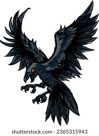 Aggressive flying black raven crow with red eye graphic t-shirt vector illustration flat design