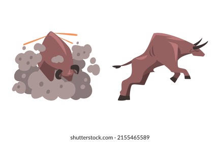 Aggressive furious bulls set. Powerful furious animals cartoon vector illustration