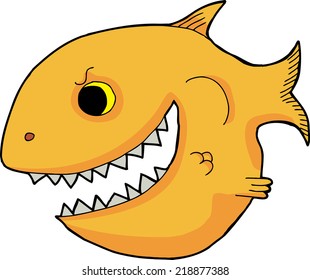 Aggressive goldfish with big sharp teeth over white