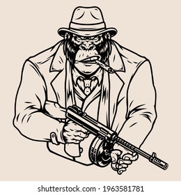 Aggressive Gorilla Gangster Smoking Cigar And Holding Tommy Gun In Vintage Monochrome Style Isolated Vector Illustration