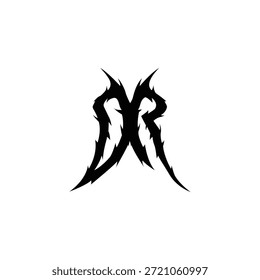 Diseño agresivo del logotipo de la letra gótica DR. Vector de monograma de estilo de tatuaje tribal afilado. Símbolo inicial puntiagudo negro adecuado para banda de metal, equipo de deportes electrónicos, mascota de juego o marca de ropa de calle.