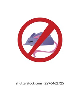 Aggressive gray rat with long tail, red circle with line cross out flat style, vector illustration isolated on white background. Parasite, pest control service, extermination, design element
