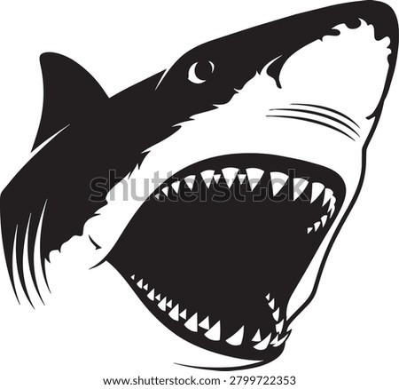 Aggressive great white shark head silhouette with open jaws showing sharp teeth illustrative vector graphic on transparent background