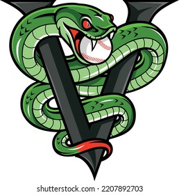 Aggressive Green Viper Wrapped Around Letter V with a Baseball ball into its Mouth