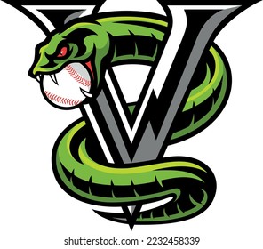 Aggressive Green Viper Wrapped Around Letter V with a Baseball ball into its Mouth