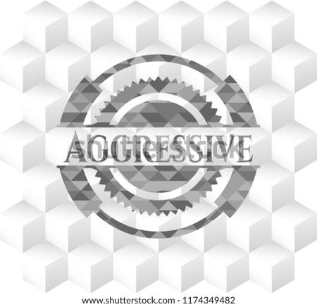 Aggressive grey emblem. Retro with geometric cube white background