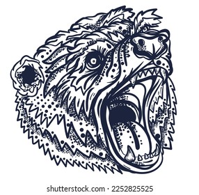 Aggressive grizzly. Angry bear head. Old school tattoo vector art. Hand drawn graphic. Isolated on white. Traditional flash tattooing style