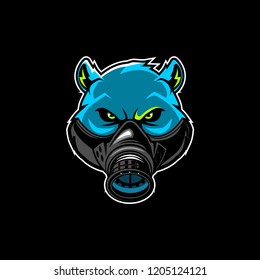 aggressive grizzly bear head cartoon with gas mask vector