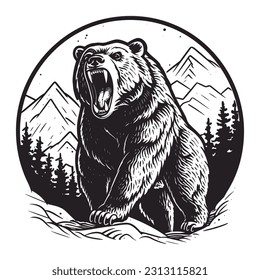 Aggressive grizzly bear on a forest and mountains background. T-shirt print design, wild bear badge vector illustration