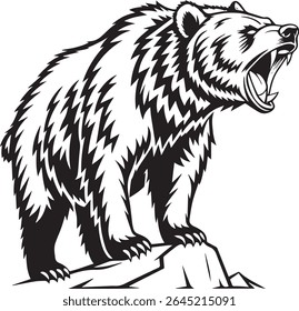 An aggressive grizzly bear roars, standing on a rocky ledge. This powerful black and white mascot-style illustration uses sharp, jagged lines to define its fur and fierce expression.