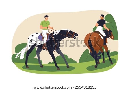 Aggressive horse attacking rider and stallion. Angry steed, dangerous and disobedient behavior. Fierce equine animal action, conflict, aggression. Flat vector illustration isolated on white background