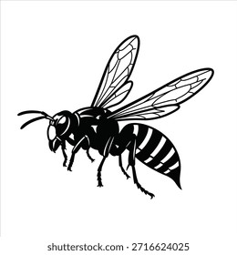 Ilustración agresiva de insectos, este gráfico de avispa es ideal para agregar un elemento audaz a los diseños. Arte vectorial de una avispa en vuelo sobre blanco, perfecto para varios usos creativos.