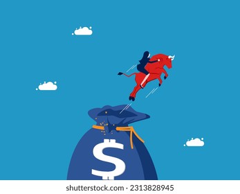 Aggressive investment. Businesswoman riding a bull out of a money bag