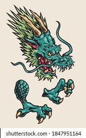 Aggressive japanese dragon parts concept with scary head and claws in vintage style isolated vector illustration