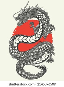 Aggressive japanese fantasy dragon concept in vintage monochrome style isolated vector illustration	