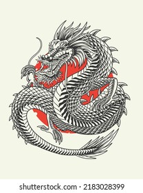 Aggressive japanese fantasy dragon concept in vintage monochrome style isolated vector illustration	