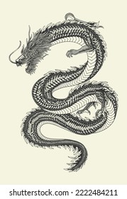 Aggressive japanese fantasy dragon concept in vintage monochrome style isolated vector illustration	