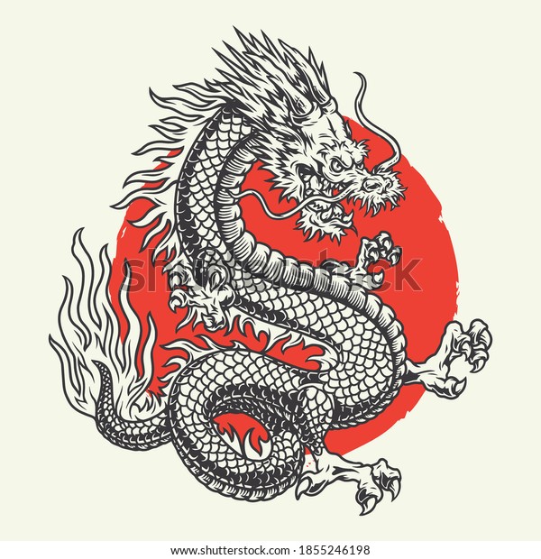 Aggressive japanese fantasy\
dragon concept in vintage monochrome style isolated vector\
illustration