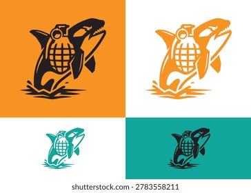 Aggressive killer whale leaping from waves, holding grenade. Symbol of power, danger, and marine life. Vector art for impactful designs, t-shirts, and posters.