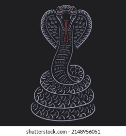 Aggressive king cobra illustration in linocut style