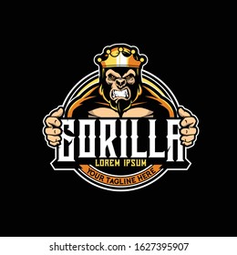 aggressive king gorilla with crown cartoon character logo