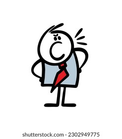 Aggressive leader rudely shouts at his subordinates. Vector illustration of a strict boss stickman character isolated on white background.