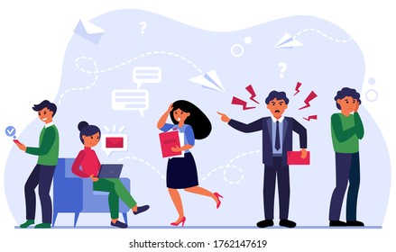 Aggressive leader shouting at scared employees. Angry boss, error, stress at work flat vector illustration. Business, workplace violence concept for banner, website design or landing web page
