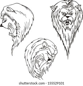 Aggressive lion heads. Set of black and white vector tattoo designs.