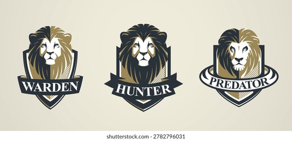 Aggressive lion predator emblem set representing strength, dominance and wild instinct, perfect for sports teams, gaming, esports logos and brand identities.