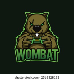 aggressive looking cartoon wombat holding a game controller