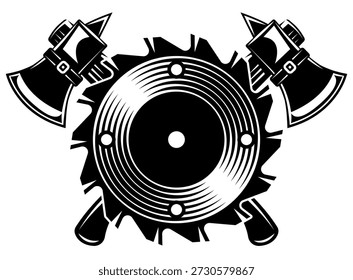 Aggressive Lumberjack Emblem with Circular Saw Blade and Crossed Axes Design Isolated on White Background.