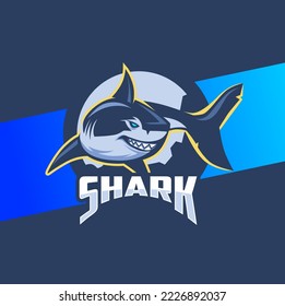 aggressive mad shark mascot character logo design with badge for sport game