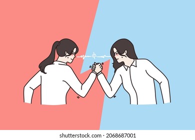 Aggressive mad women rivals have arm wrestling match. Furious decisive female opponents employees fight for leadership show power. Armwrestling, competition concept. Vector illustration.  - Shutterstock ID 2068687001