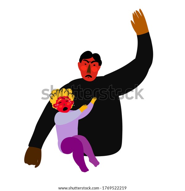 子どもを殴るアジア系の攻撃的な男性 小さな子供が泣いていた ベクターイラスト 家庭内暴力のコンセプト 子供の日のポスター 身体的暴力 のベクター画像素材 ロイヤリティフリー
