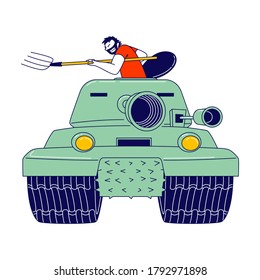 Aggressive Male Character Sit in Military Tank Armored with Pitchfork. Accident on Road, Drivers Conflict, Road War, Man Arguing with Somebody Isolated on White Background. Linear Vector Illustration