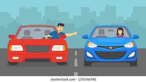 Aggressive Male Driver Yelling At Female Driver On Road. Angry Man And Smiling Woman Driving A Car. Flat Vector Illustration.