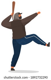 Ein aggressiver Mann mit Baseballschläger einzeln auf weißem Hintergrund. Probleme der Stadtsicherheit. Verbrechen auf der Straße. Erpressungsgeld-Bandit. Maske Verbrecher schaden, zerstören Eigentum, wütender Gangster